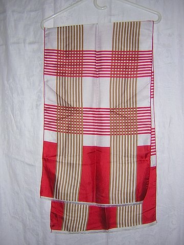 Long plaid silk scarf fringed ends red white coffee unused ll1719