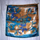 Acetate scarf loose turquoise tan floral rolled hem unused vintage ll1840