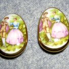 Fragonard signed china earrings transfer painting lovers clip backs vintage jewelry ll2007