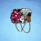 Artisan made collage brooch pin beads rhinestones chains signed Lee ll1945