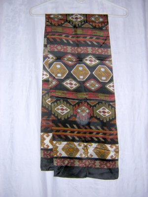 Echo long silk scarf black rust olive Indian motif excellent  ll1036