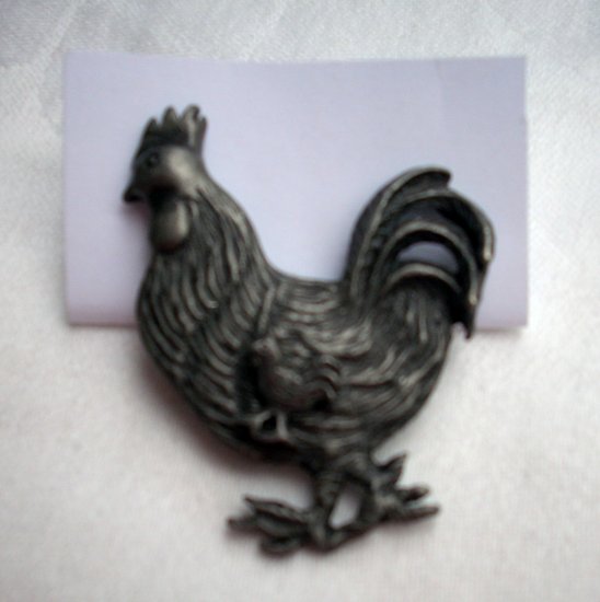 Pewter rooster with tiny chick pin brooch vintage chicken ll1097