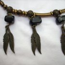 Brass Snowflake obsidian bead necklace on rubber cord feather charms vintage jewelry ll1118