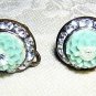 Green coral and rhinestone earrings screw back 1950s vintage jewelry ll1258
