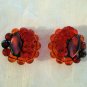 Red bead cluster earrings clips plastic vintage jewelry ll1261