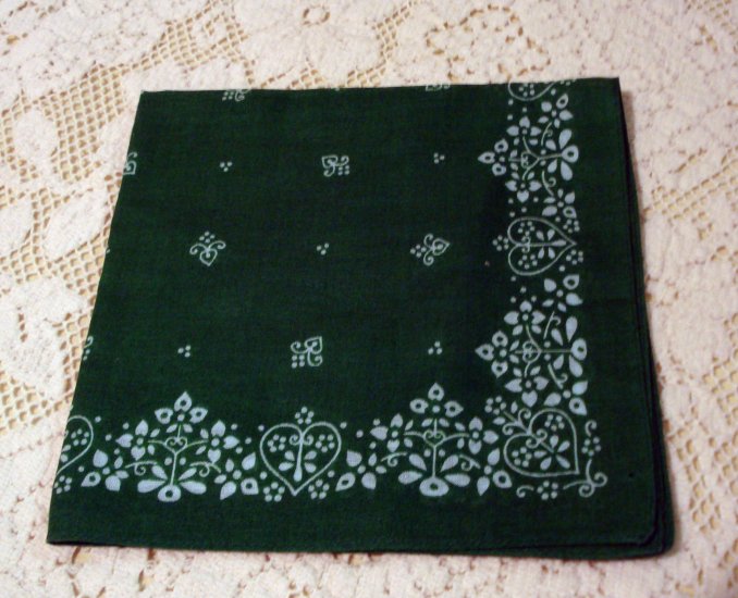 Emerald green printed linen hanky vintage ll1458