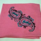 Embroidered paisleys hot pink linen hanky ethnic look vintage hankies ll2143