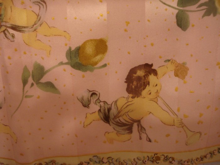 Cupids and roses on pink satin and chiffon vintage silk scarf ll2239