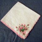 Fine linen hanky embroidered rose posey scalloped edge  vintage ll2293