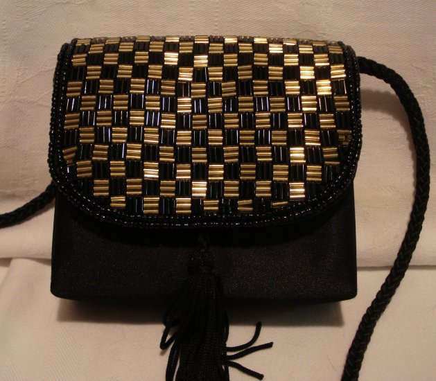 Black satin evening bag gold and black bugle beads rope strap unused vintage ll2334