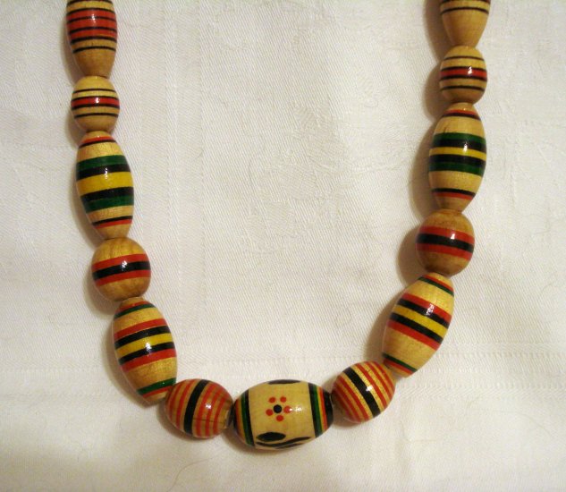 Hand painted wood bead rope necklace 33 inches vintage ll2345