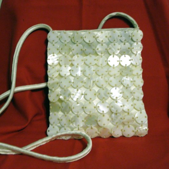 Jeanne Lottie mother of pearl discs white satin evening bag shoulder strap unused vintage ll2386