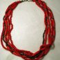 Red plastic beads with pewter necklace 5 strands excellent vintage ll2409