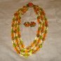 Faceted plastic beads 3 strand necklace cluster earrings citrus colors West Germany vintage ll2467