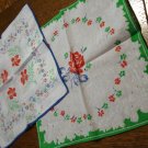 Lot of 2 printed cotton hankies printed lace blue green floral centers vintage ll2655