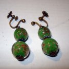 Green with gold confetti glass ball drop earrings screwback antique vintage ll2734