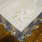 Blue crocheted lace edge white linen hanky whitework threadwork vintage unused ll2811