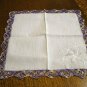 Lavender crocheted lace edge white linen hanky whitework threadwork vintage unused ll2812