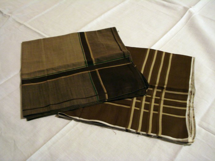 2 Men's cotton hankerchiefs brown stripes windowpane check excellent vintage ll2816