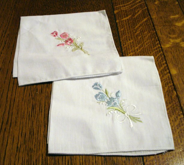 2 Embroidered white hankies cotton pink and blue florals excellent vintage ll2817