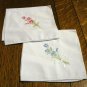 2 Embroidered white hankies cotton pink and blue florals excellent vintage ll2817
