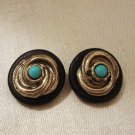 Clip earrings turquoise silver swirl on rubber disc vintage ll2827