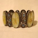 Large stretch bracelet silver filligree rhinestones lucite dried flowers vintage ll3112