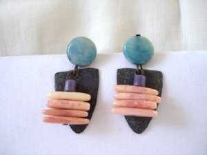 Mixed materials drop earrings pierced turquoise, oxidized metal pre-owned ll3174