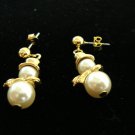Snowmen drop pierced earrings with faux pearls gold plate preowned ll3261