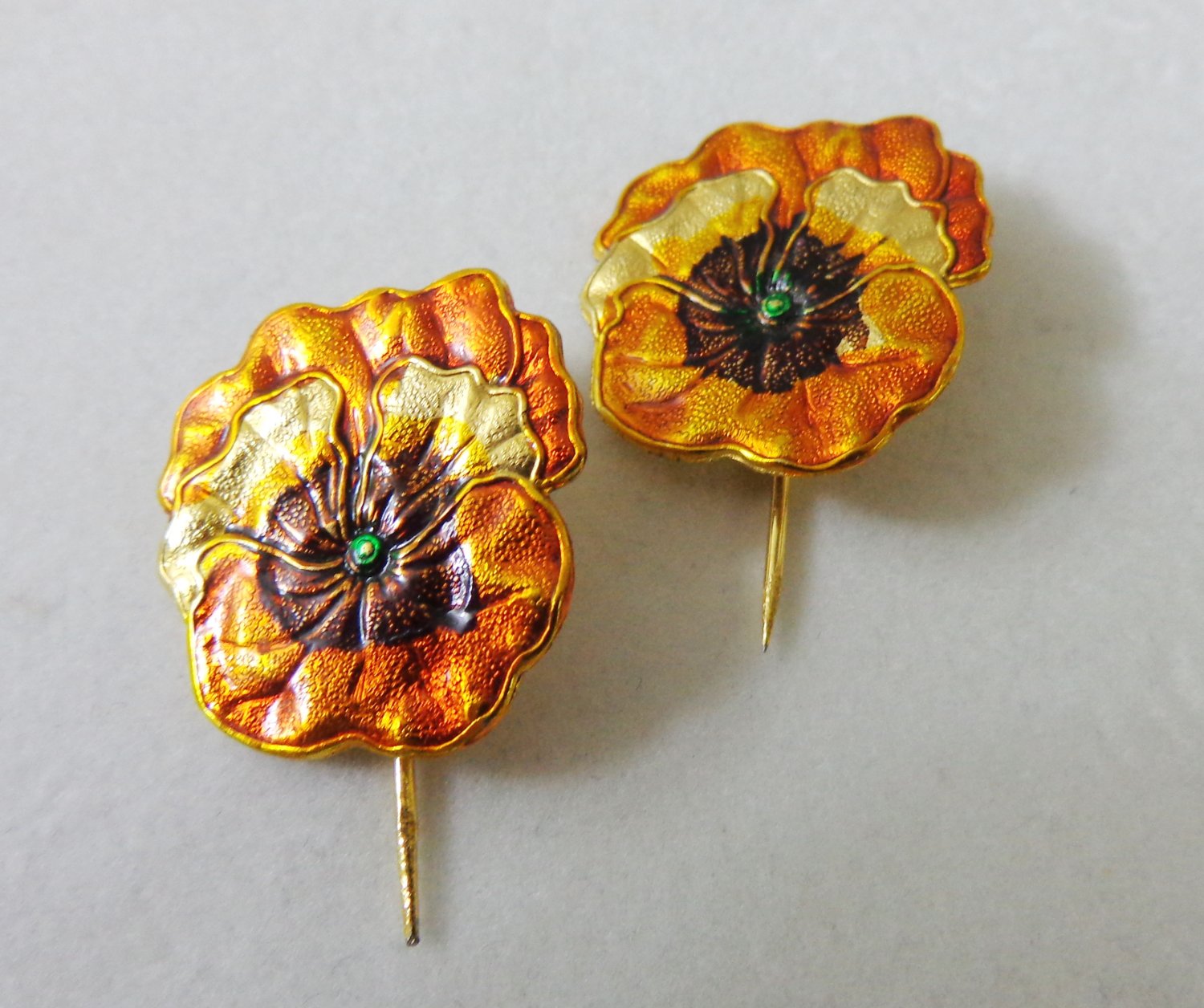 2 Pansy stick or dress pins golden metallic color sweet vintage ll3380