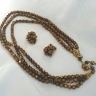 Demi Parure 3 strand copper glass jet bead necklace earrings Vintage jewelry ll2061