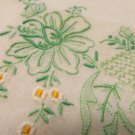 Green embroidery on white linen hanky hand rolled unused vintage ll3452