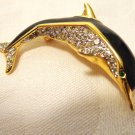 Dolphin gold plate black enamel crystal brooch pin vintage mint condition ll3461