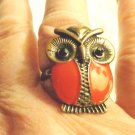 Owl ring red enamal on pewter tone adjustable copper band pre-owned   ll3493