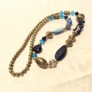 Mixed bead necklace 36 inches real stones blue green silver vintage ll3508