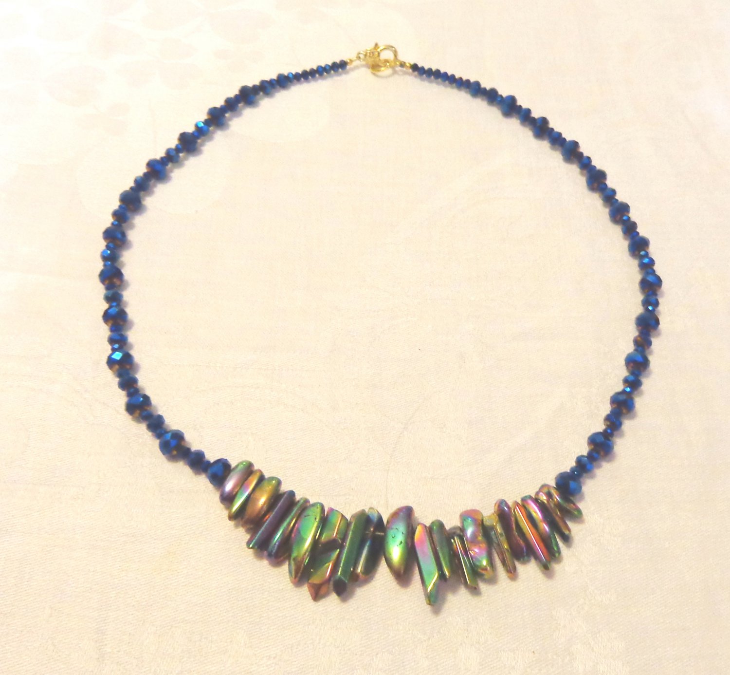 Elegant necklace abalone and faceted dark aurora borealis 24 inches clasp perfect handmade ll3530
