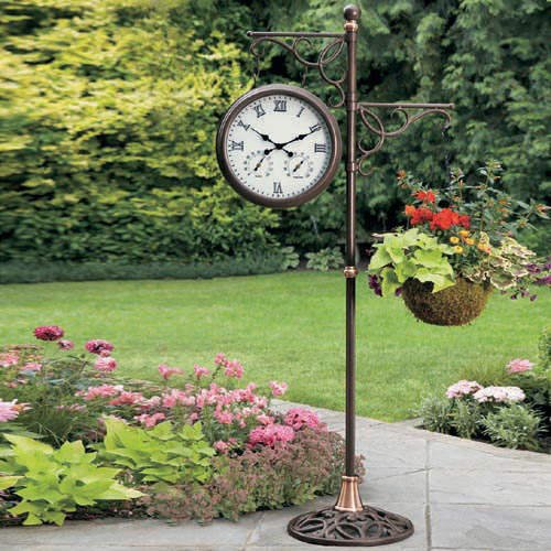 SolarLighted Garden Two Sided Clock W/ Temp & Humidity