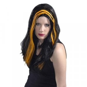 Long Black Costume Wig with Orange Streak Goth Witch