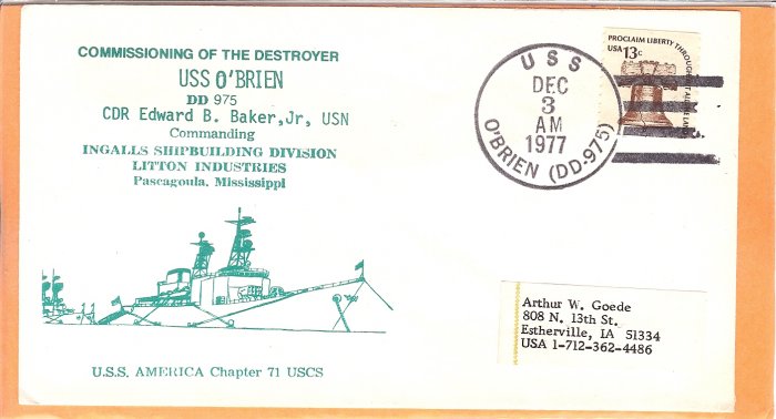 USS O'BRIEN DD-975 Commissioned 1977 Naval Cover