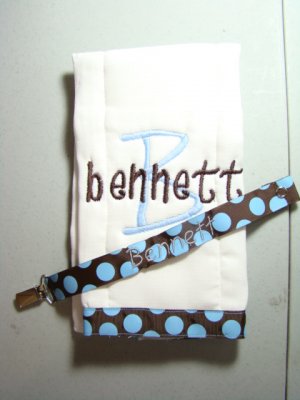 Personalized Burp Cloth and matching pacifier holder for that special baby in your life