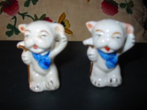 Dog With Cane Blue Bow Salt And Pepper Shakers Vintage