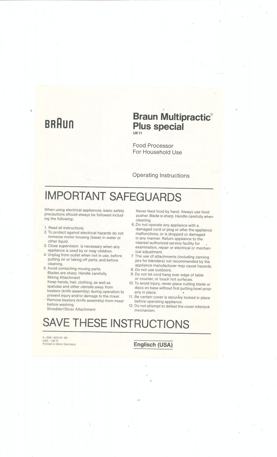 Braun Multipractic Cookbook and Manual 1981 UK 11 Food Processor