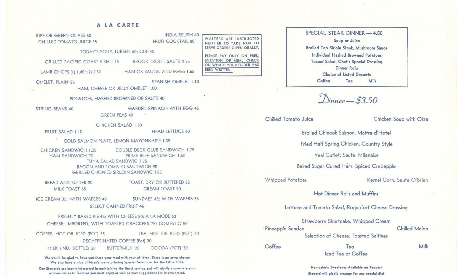 Vintage Union Pacific Railroad Dining Car Menu Dinner 127 1W 758 1958