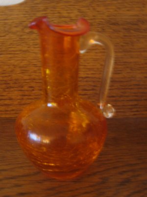 Crackle Glass Orange Fluted Pitcher With Clear Applied Handle Hand Blown