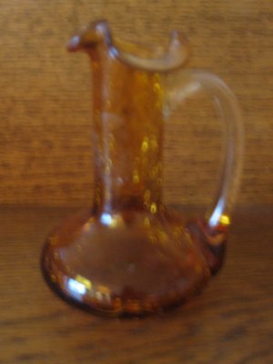 Crackle Glass Fluted Pitcher Amber / Gold With Clear Applied Handle Hand Blown