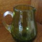 Crackle Glass Pitcher Green With Clear Ribbed Applied Handle Hand Blown