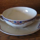 Germany Double Handle Soup Cream Bowl With Saucer Vintage Floral With Gold Trim