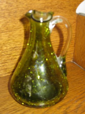 Crackle Glass Fluted Pitcher Green With Clear Applied Handle Hand Blown