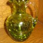 Crackle Glass Ruffled Handled Vase Green With Clear Applied Handle Hand Blown