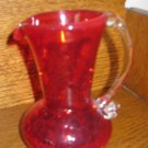Crackle Glass Pitcher Red / Orange With Clear Applied Handle Hand Blown